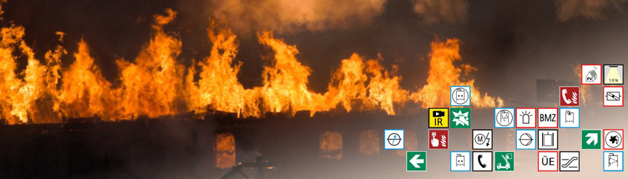 Brennendes Gebäude mit Brandfallsteuerungssymbolen